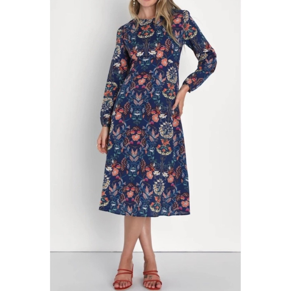 I.MADELINE Dress Garden Splendor Floral Midi Long Sleeve Blue